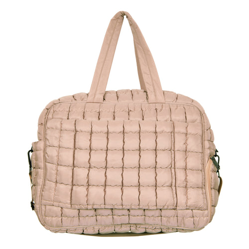 Tan Quilted Duffel Weekender Bag w/ Pass-Thru Slip